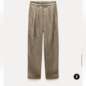 Zara ZW Collection Pleated Linen Pants Brown Hi Waist  Womens Size L New 3214